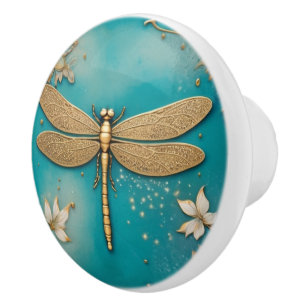 Dragonfly Türkis Aquamarin & Gold Imitats Hilfe As Keramikknauf