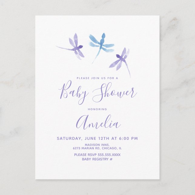 Dragonfly Watercolor Lila Blue Baby Dusche Postkarte (Vorderseite)