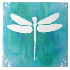 Dragonfly Watercolor White Aqua Fliese