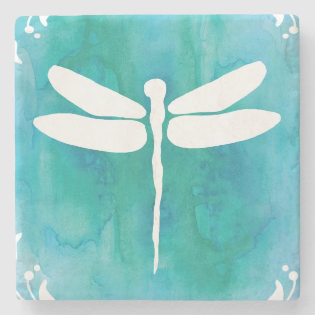 Dragonfly Watercolor White Aqua Steinuntersetzer (Vorderseite)