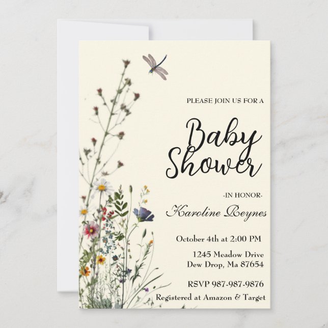 Dragonfly Wildblume Boho Babydusche Einladung (Vorderseite)