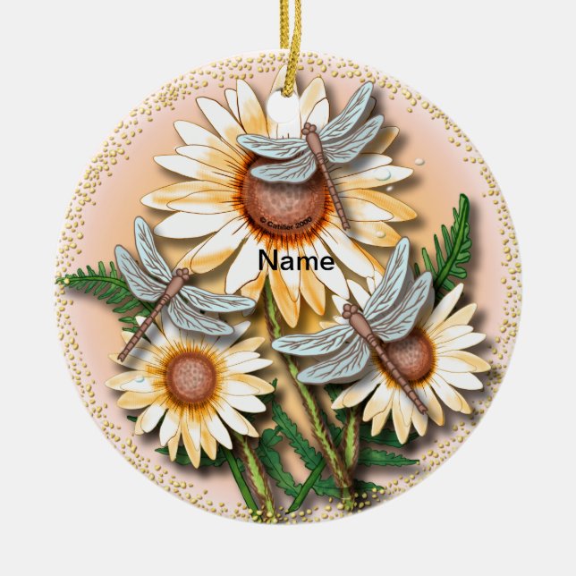 Dragonfly Yellow Daisy Keramik Ornament (Vorne)