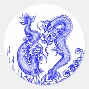 Dragons Blue White Water Fire Asien Runder Aufkleber