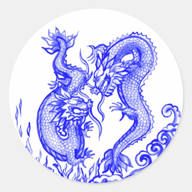 Dragons Blue White Water Fire Asien Runder Aufkleber (Vorderseite)
