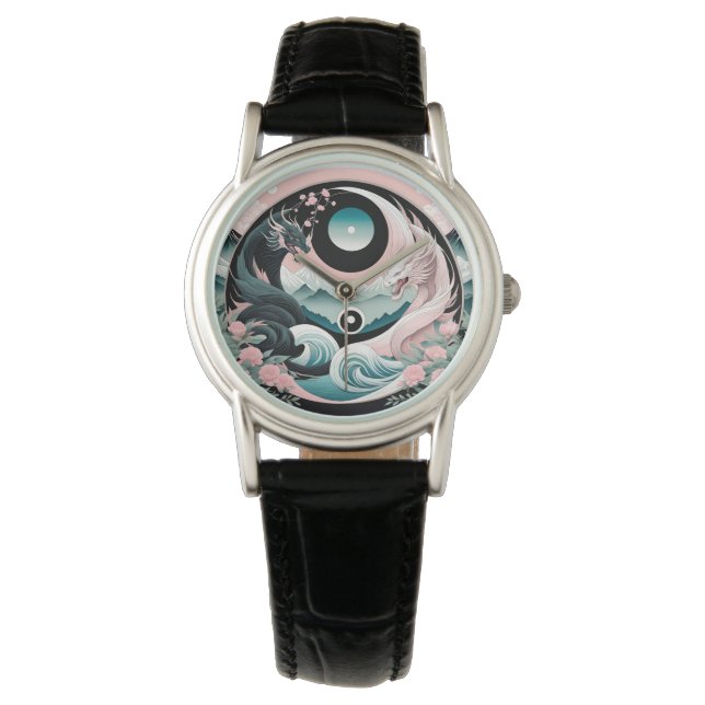 Dragons Blumenberge Rosa Landschaft Aquamarin Armbanduhr (Vorderseite)