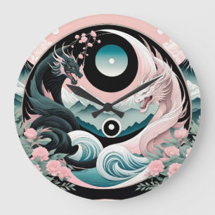 Dragons Blumenberge Rosa Landschaft Aquamarin Große Wanduhr
