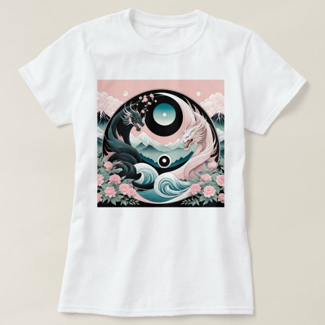 Dragons Blumenberge Rosa Landschaft Aquamarin T-Shirt (Design vorne)