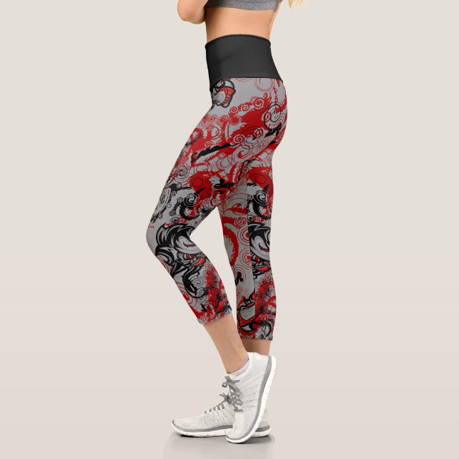 Dragons Grungy Abstrakt Art Red Black Gray Capri Leggings (Links)