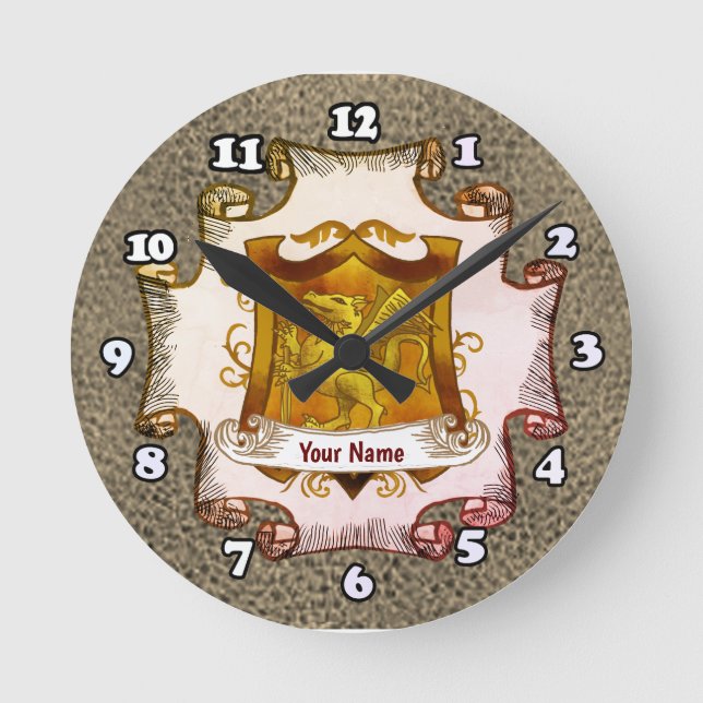 Dragons Shield-Familienwappen-Nachname Runde Wanduhr (Vorderseite)