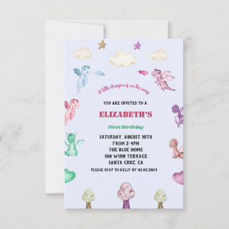 Dragons Watercolor Girl Birthday Einladung