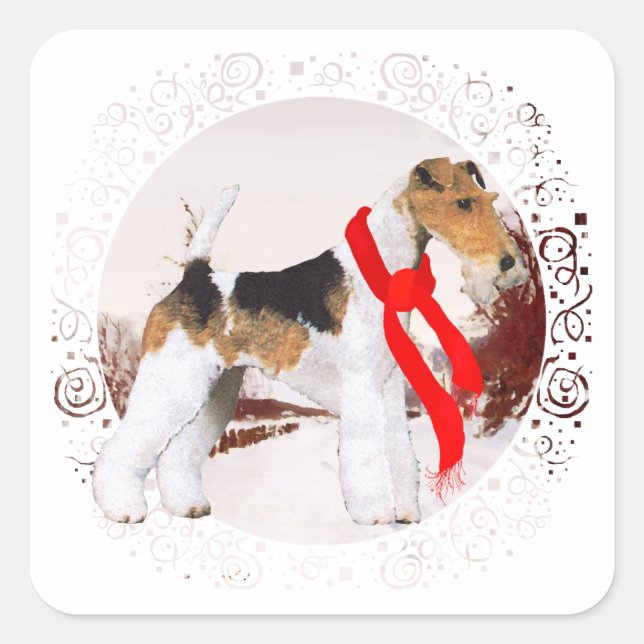 Draht-Fox-Terrier Winter Quadratischer Aufkleber (Vorderseite)