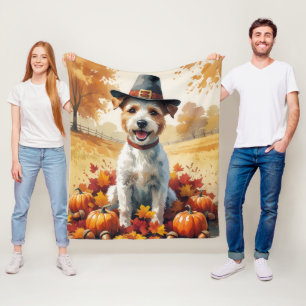 Draht-Foxterrier im Herbstlaub Thanksgiving Kunst Fleecedecke
