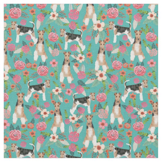 Drahtfuchs-Terraine Vintage Blüten Türkis Stoff (Nahaufnahme)