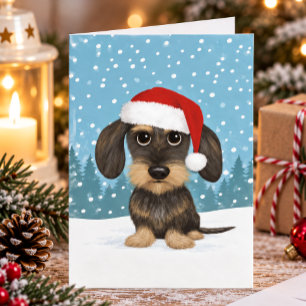 Drahthaar-Dackel-Santa-Teckel-Hund-Weihnachten Feiertagskarte
