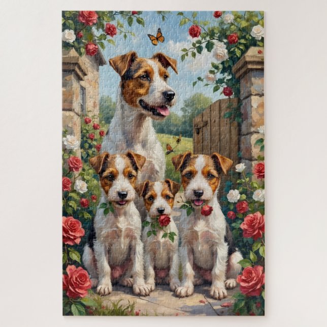 Drahthaar-Fuchs-Terrier Rose Cottage Kunst Puzzle (Vertikal)