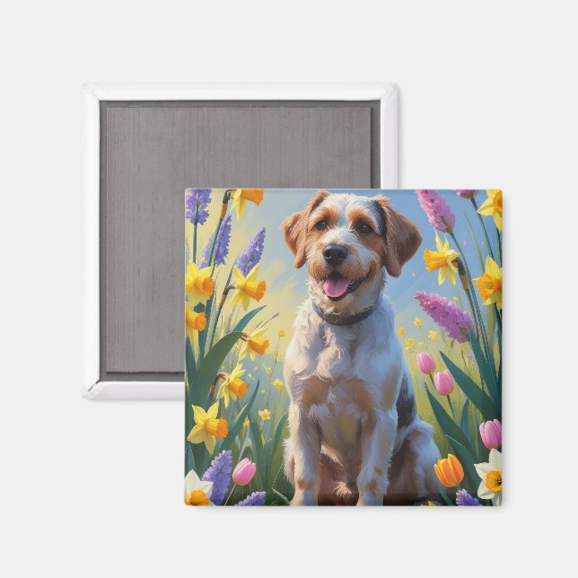 Drahthaar-Griffon-Pointer Frühlingsblumen-Malerei Magnet (Vorderseite/Rückseite)