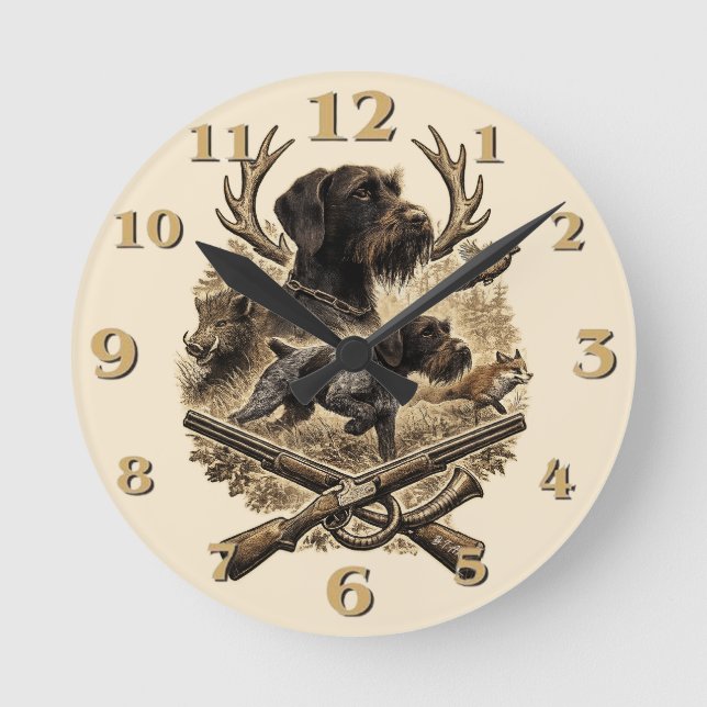 Drahthaar Pointer, Jäger Logo Runde Wanduhr (Vorderseite)