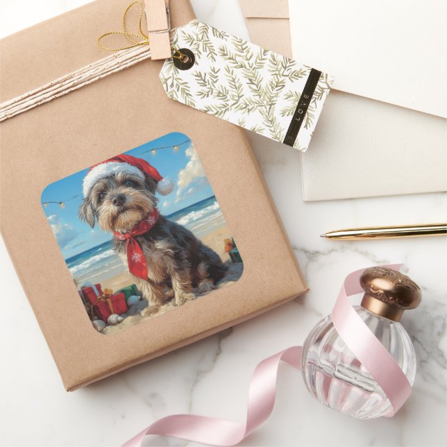 Drahthaar Pointing Griffon Dog Christmas Beach Quadratischer Aufkleber (Schenken)
