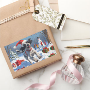 Drahthaar Pointing Griffon in Snow Christmas Hat Rechteckiger Aufkleber