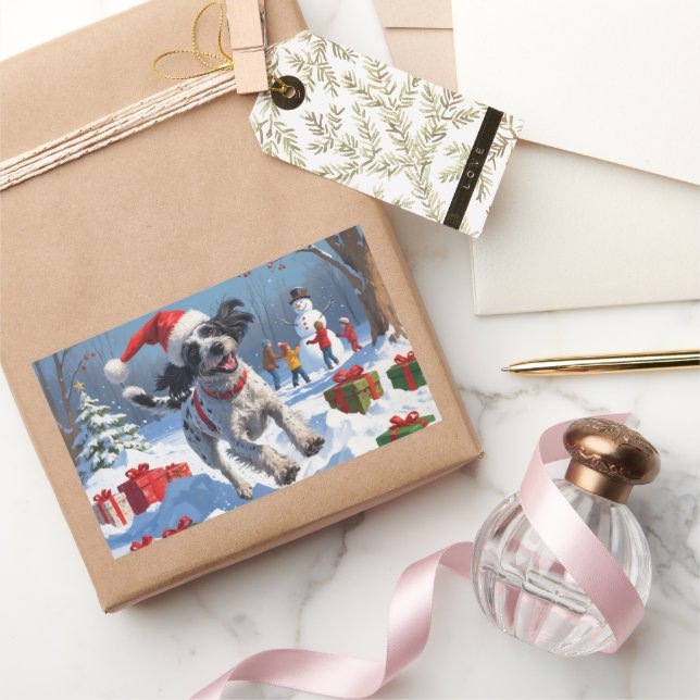 Drahthaar Pointing Griffon in Snow Christmas Hat Rechteckiger Aufkleber (Schenken)