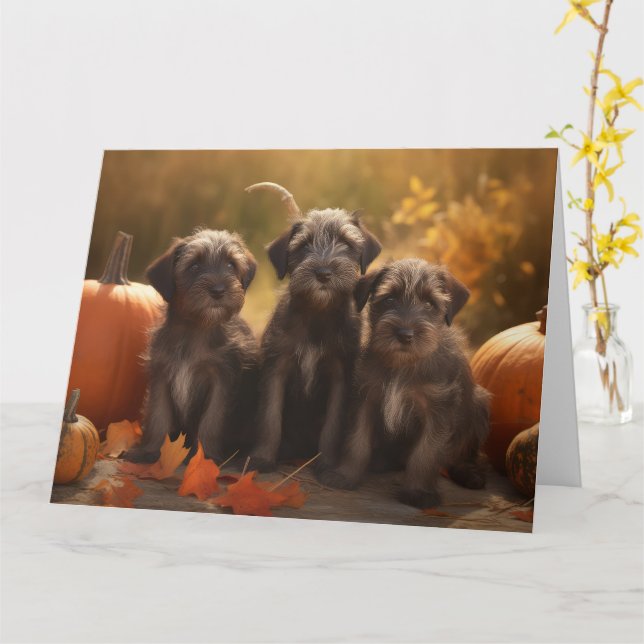 Drahthaar Pointing Griffon Puppy Herbst Karte (Gelbe Blume)