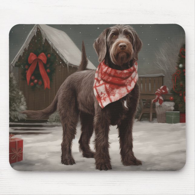 Drahthaar Pointing Hund im Schnee Weihnachten Mousepad (Vorne)