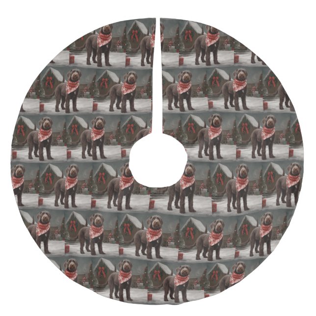 Drahthaar Pointing Hund im Schnee Weihnachten Polyester Weihnachtsbaumdecke (Vorderseite)