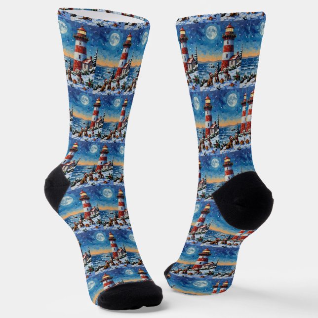 Drahthaariger Griffon Weihnachts Leuchtturm Socken (Gewinkelt)