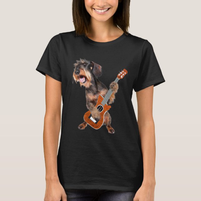 Drahthaarterrier Dackel Hund spielen Gitarre T - S T-Shirt (Vorderseite)