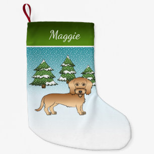 Drahtiger Dachshund mit Weizenfell in einem Winter Kleiner Weihnachtsstrumpf