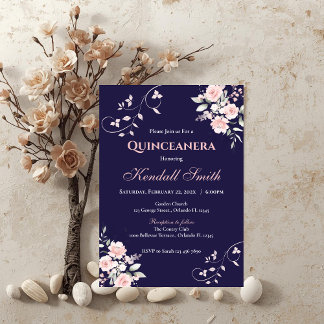 Drak Blau und Pink Floral Quinceanera Einladung
