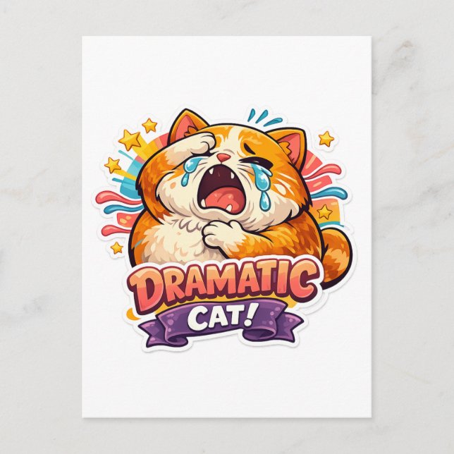 Dramatic Cat Funny Crying Cartoon Art Reaction Postkarte (Vorderseite)