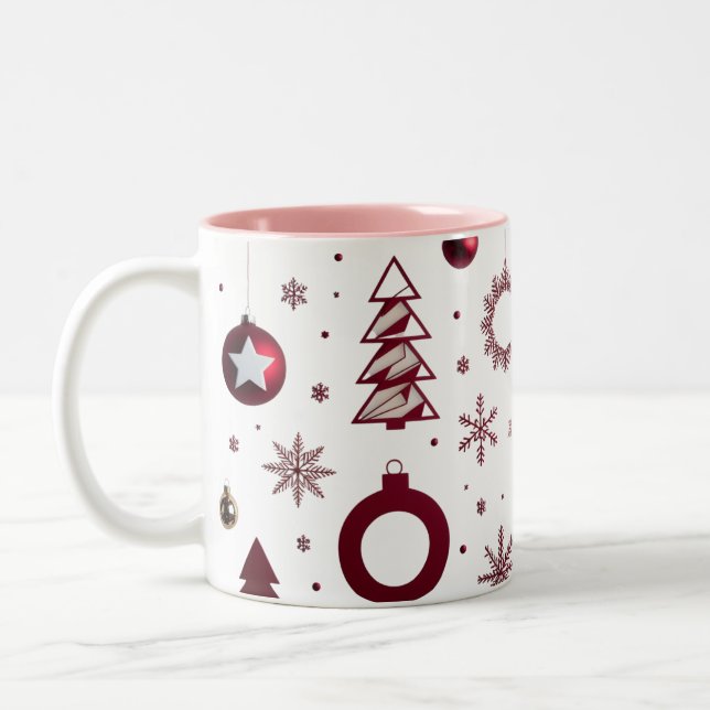 Dramatic Deep Red Geometric Layered Tree  Zweifarbige Tasse (Links)
