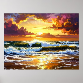 Dramatic Ocean Waves on the Beach Sunset Art Poster