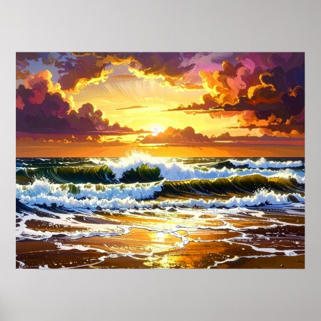 Dramatic Ocean Waves on the Beach Sunset Art Poster (Vorne)