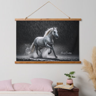 Dramatic White Horse Galloping in Rain Wandteppich Mit Holzrahmen