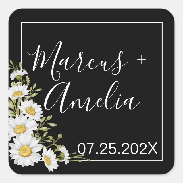 Dramatische Black & White Daisies Hochzeit Quadratischer Aufkleber (Vorderseite)