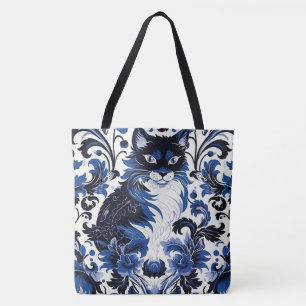 Dramatische blaue Art Deco-Katze große Schultertas
