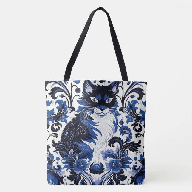 Dramatische blaue Art Deco-Katze große Schultertas (Vorderseite)