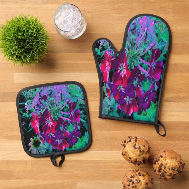 Dramatische Blume Rot, Lila und Rosa Garten Ofenhandschuh & Topflappen-Set (Oben Unten)
