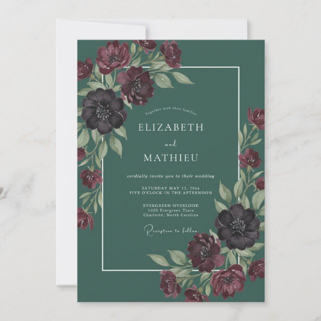 Dramatische botanische Hochzeit in Kiefern Grün Einladung (Vorderseite)