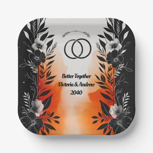 Dramatische Hochzeit mit schwarzem Orangen Pappteller (Vorderseite)