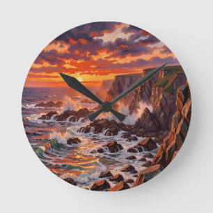 Dramatische Küstenlandschaft mit Sonnenuntergang - Runde Wanduhr