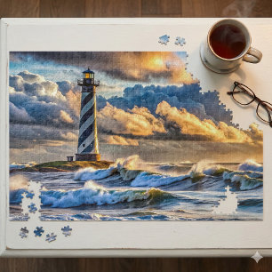 Dramatische Leuchtturm-Meereslandschaft mit stürmi Puzzle