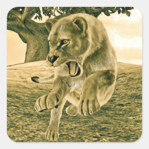 Dramatische Löwinnen-Safari-Wildlife-Kunst Quadratischer Aufkleber