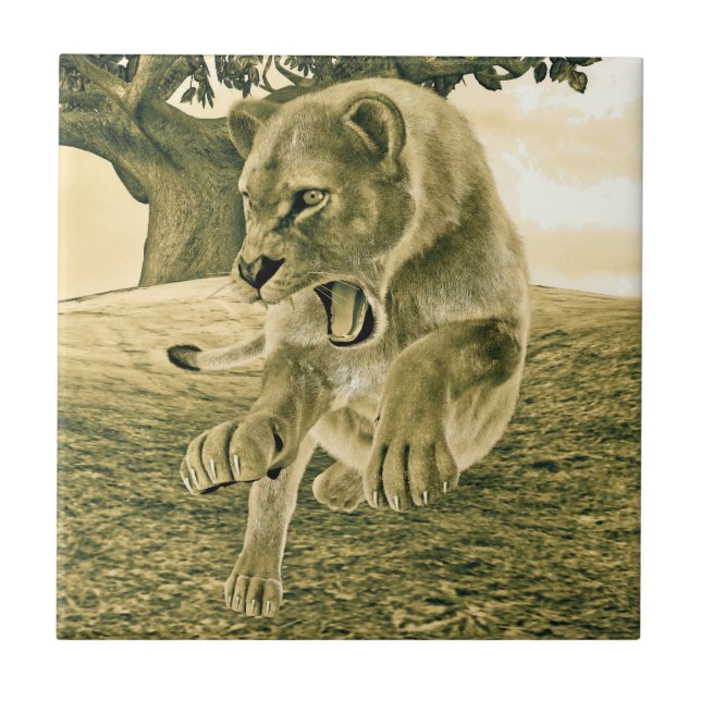 Dramatische Löwinnen-Safari-Wildnis-Kunst Fliese (Vorderseite)