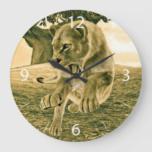 Dramatische Löwinnen-Safari-Wildnis-Kunst Große Wanduhr