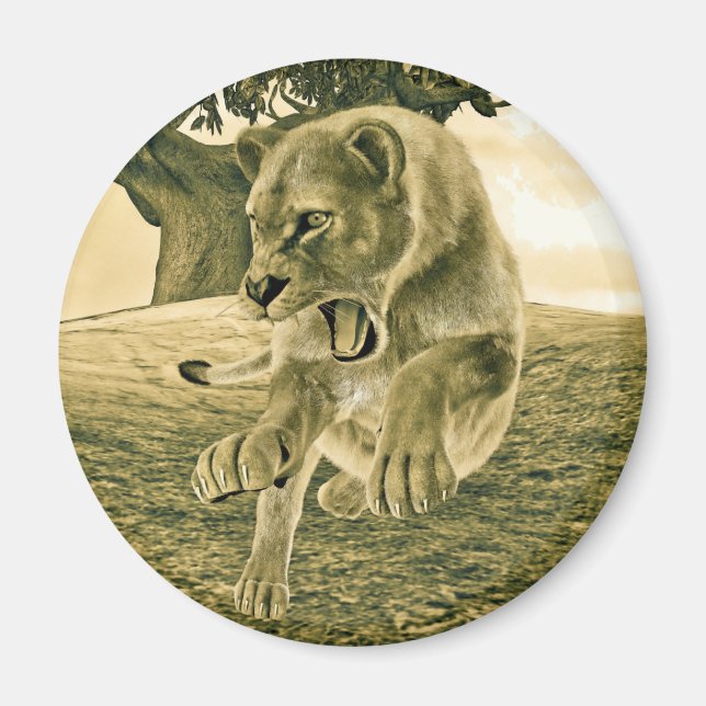 Dramatische Löwinnen-Safari-Wildnis-Kunst Magnet (Vorne)