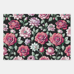 Dramatische Magenta- und rosa Rosen Dunkle Blüten Geschenkpapier Set