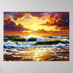 Dramatische Meereswellen an der Strand-Sonnenunter Poster